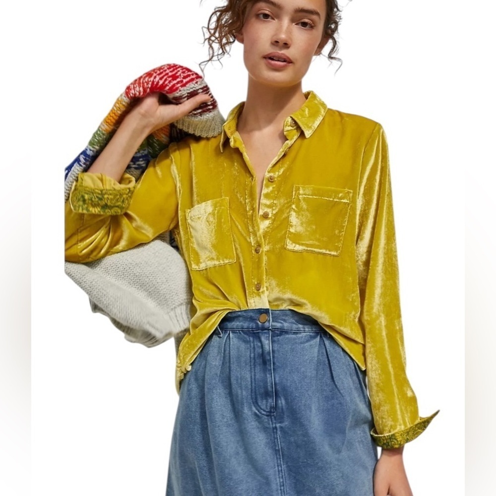 Pilcro x Anthropologie - Mara Relaxed Velvet Gold Button Down Shirt Sz 2